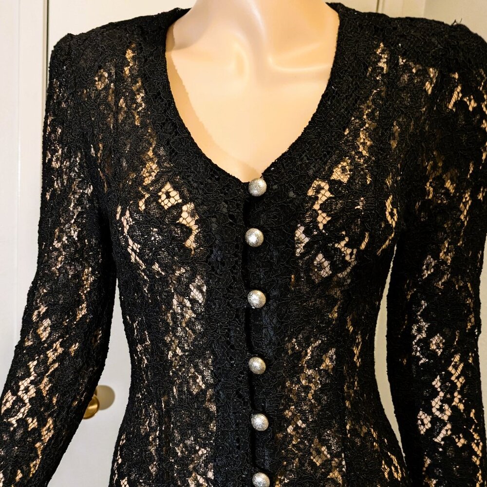 BLACK LACE KNIT SHEER MAXI LONG SLEEVE DRESS with GRAY METALLIC BUTTONS SIZE 12